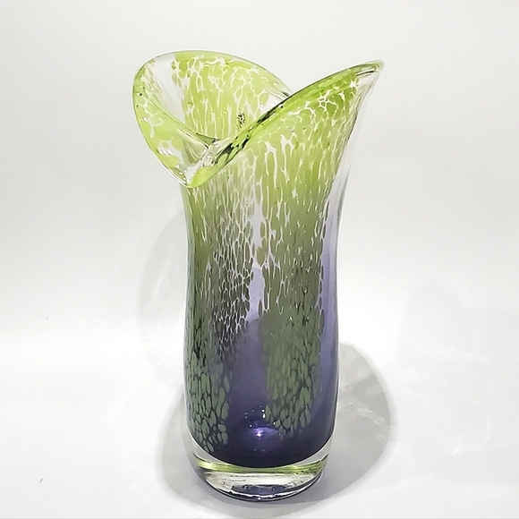 Vntg Murano Style Art Glass 7 1/2" Lime Green Clear Indigo Purple Vase - Picture 13 of 13